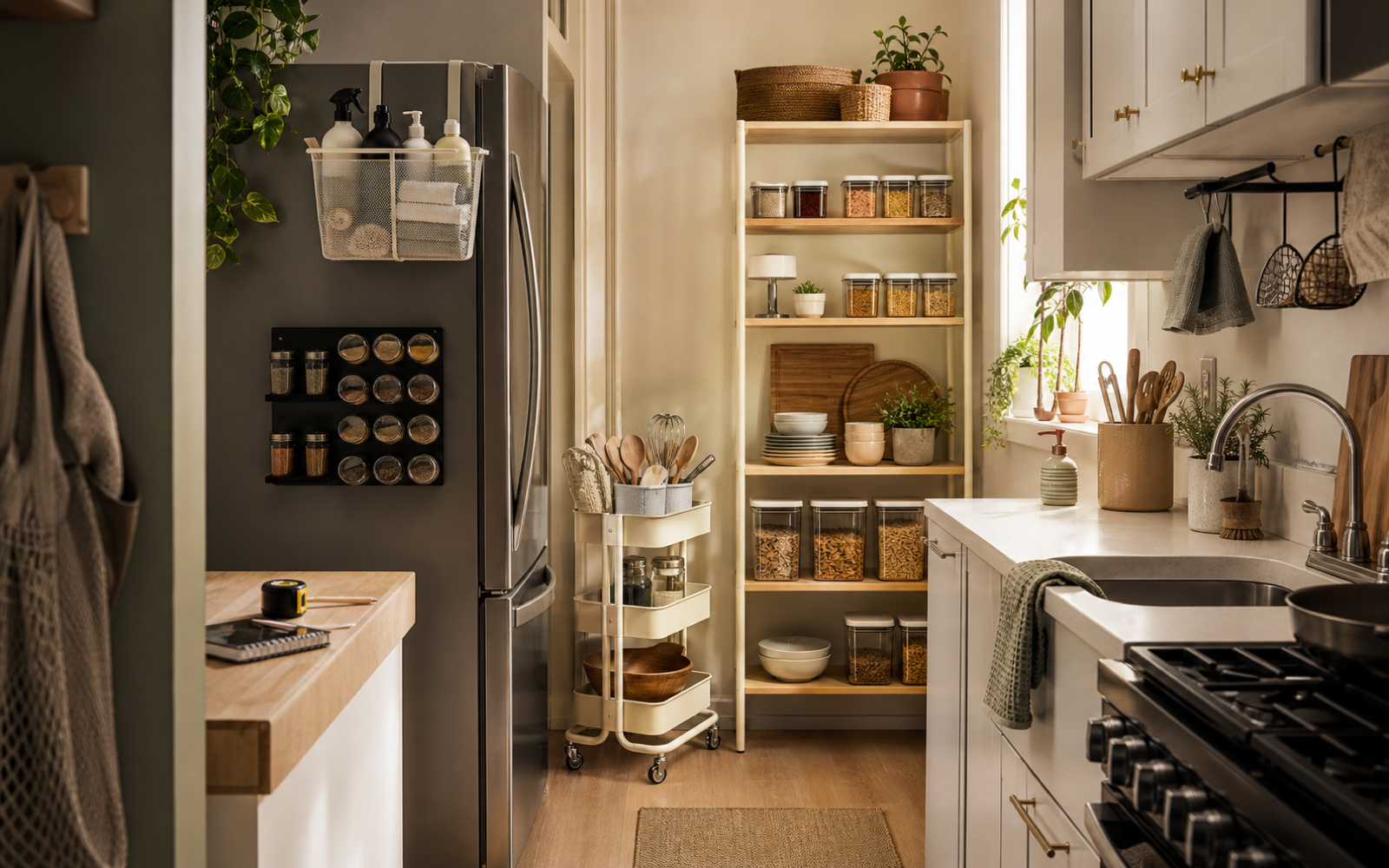 Rental apartment kitchen with no-drill organizers, movable shelves, and a slim rolling cart