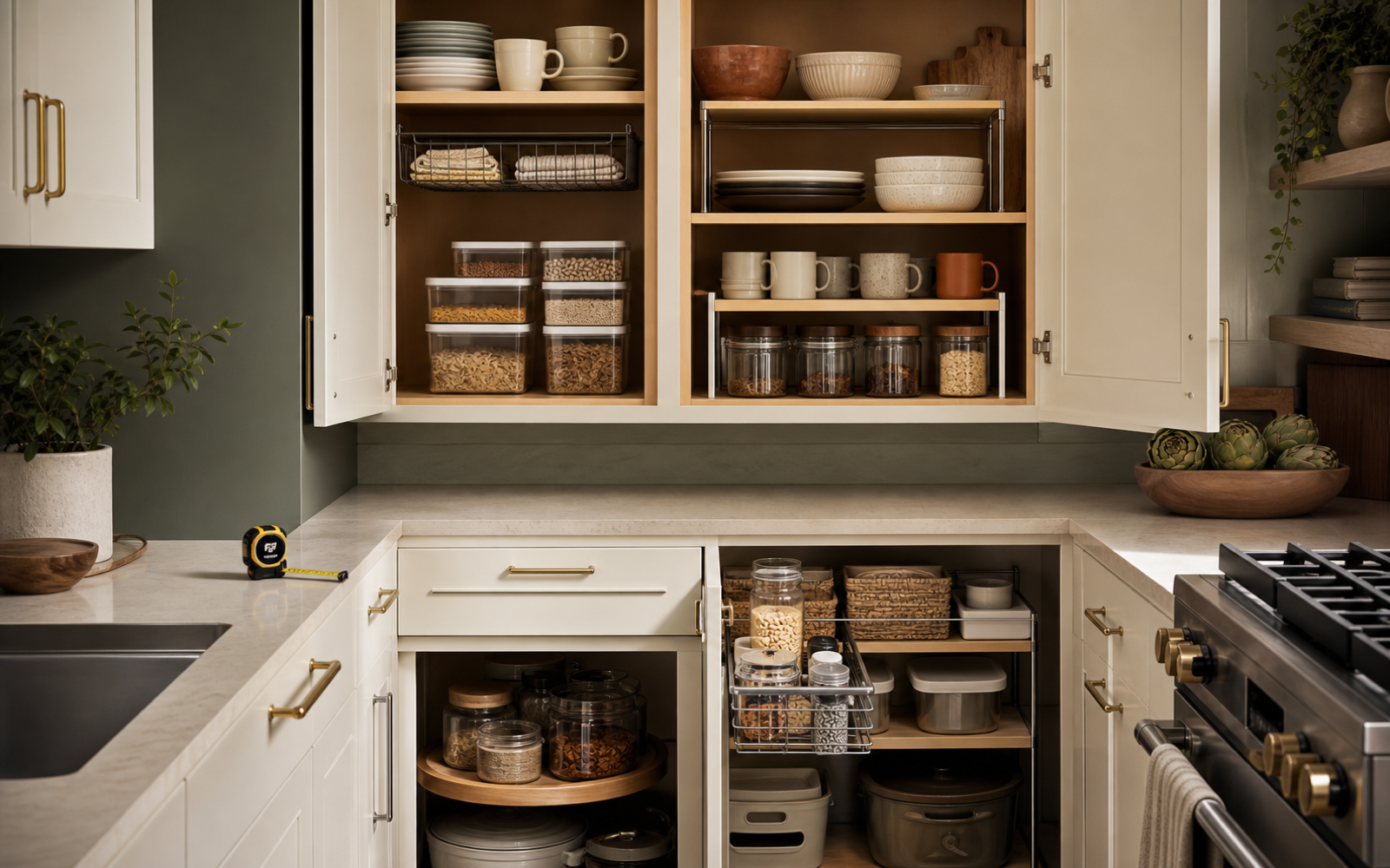 Open kitchen cabinets with shelf risers, pull-out baskets, clear bins, and a measuring tape