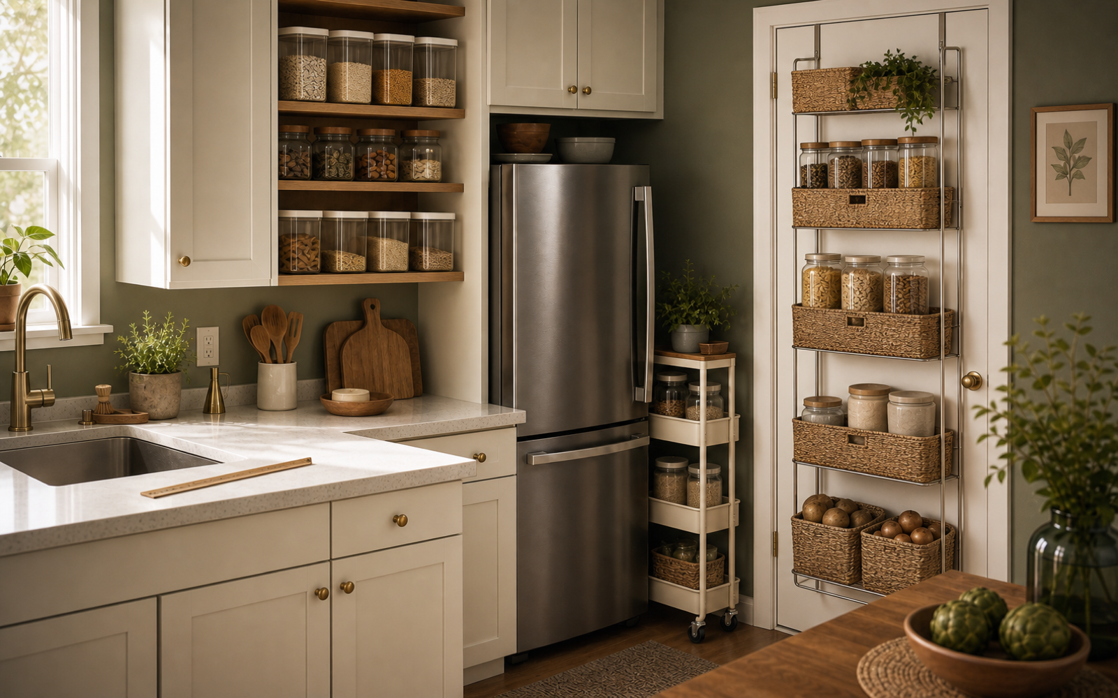 No-pantry kitchen with clear cabinet containers, door storage, a slim rolling cart, and a ruler on the counter